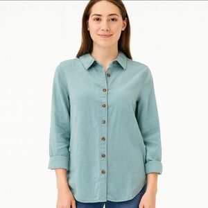 🎉Woman Within Turquoise Flannel Feel Vintage Soft Button Down Sz Lg